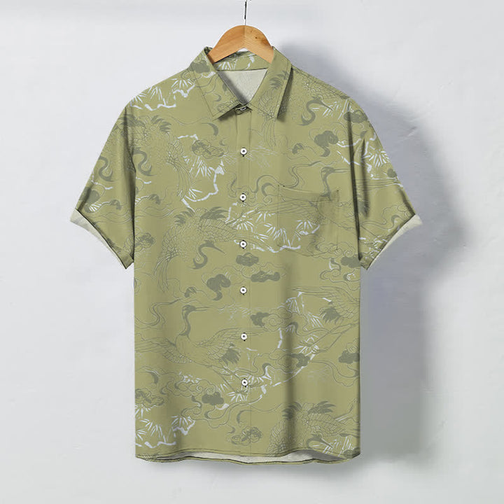 Buddha Stones 雲鶴柄ボタン付き通気性メンズ半袖シャツ - 黄緑 - US/UK/AU48、 EU58 (4XL) - image 5