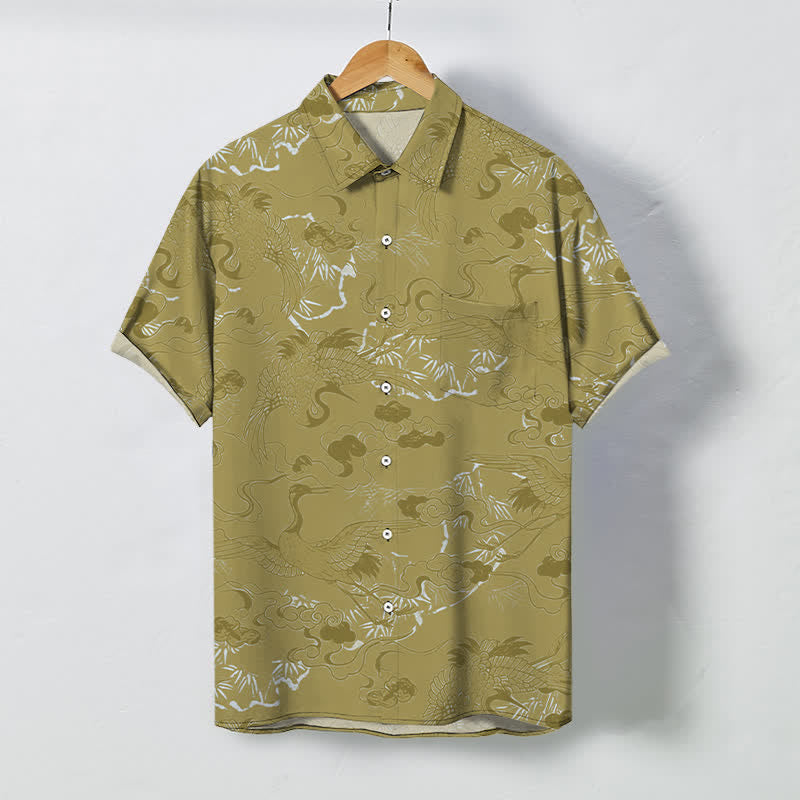 Buddha Stones 雲鶴柄ボタン付き通気性メンズ半袖シャツ - ダークカーキ - US/UK/AU48、 EU58 (4XL) - image 7