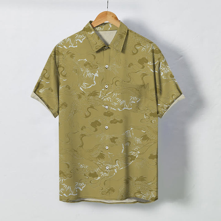 Buddha Stones 雲鶴柄ボタン付き通気性メンズ半袖シャツ - ダークカーキ - US/UK/AU48、 EU58 (4XL) - image 7