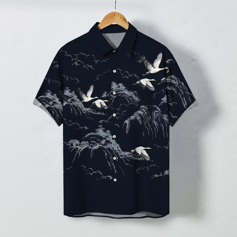 Buddha Stones 墨鶴山雲模様ボタン付き通気性メンズ半袖シャツ - 海軍 - US/UK/AU48、 EU58 (4XL) - image 0
