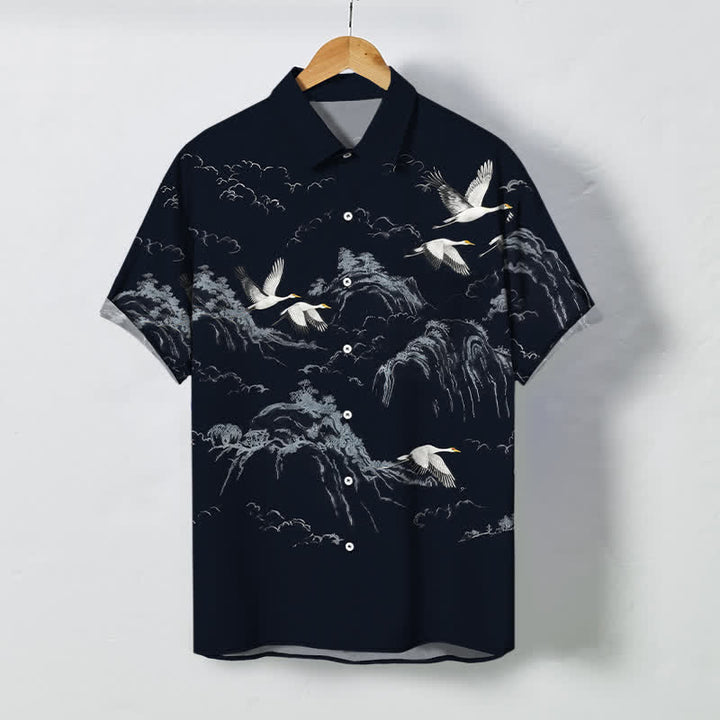Buddha Stones 墨鶴山雲模様ボタン付き通気性メンズ半袖シャツ - 海軍 - US/UK/AU48、 EU58 (4XL) - image 0