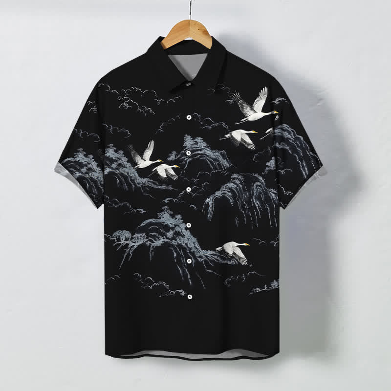 Buddha Stones 墨鶴山雲模様ボタン付き通気性メンズ半袖シャツ - 黒 - US/UK/AU48、 EU58 (4XL) - image 5
