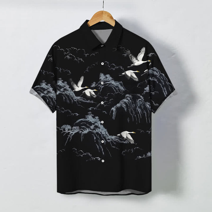 Buddha Stones 墨鶴山雲模様ボタン付き通気性メンズ半袖シャツ - 黒 - US/UK/AU48、 EU58 (4XL) - image 5