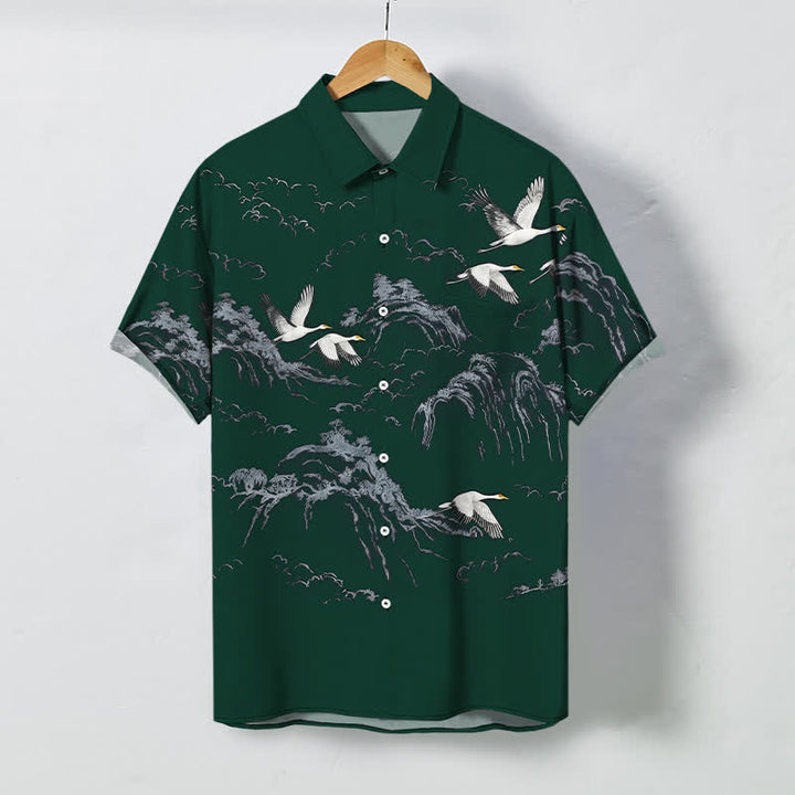 Buddha Stones 墨鶴山雲模様ボタン付き通気性メンズ半袖シャツ - ダークグリーン - US/UK/AU48、 EU58 (4XL) - image 7