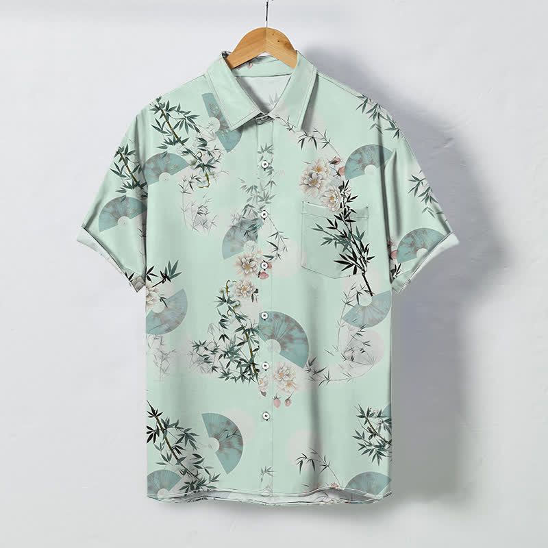 Buddha Stones ミントファン竹花柄ボタン付き通気性メンズ半袖シャツ - 甘露 - US/UK/AU48、 EU58 (4XL) - image 3