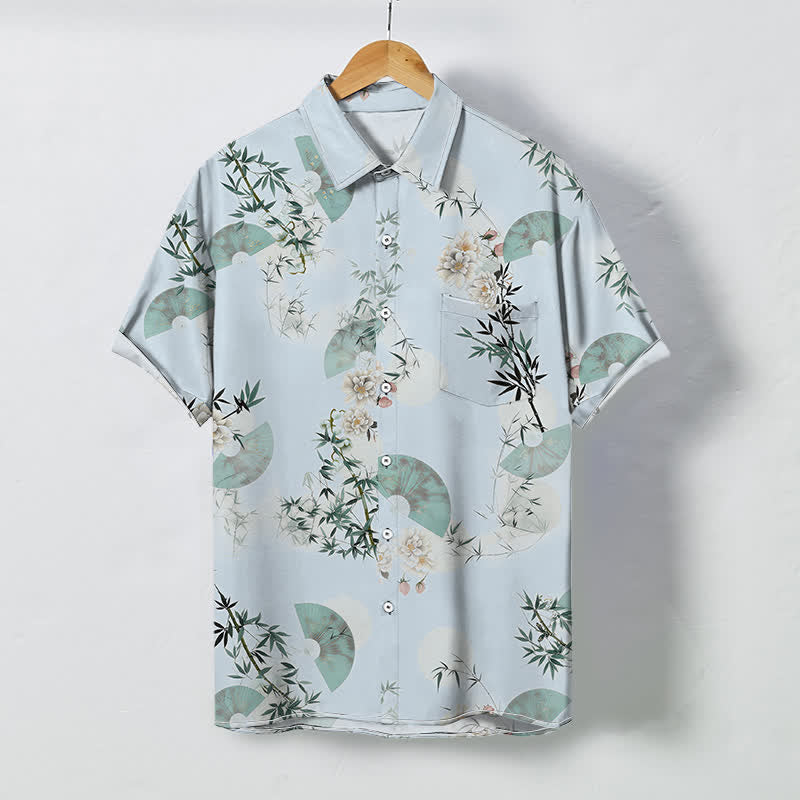 Buddha Stones ミントファン竹花柄ボタン付き通気性メンズ半袖シャツ - 水色 - US/UK/AU48、 EU58 (4XL) - image 5