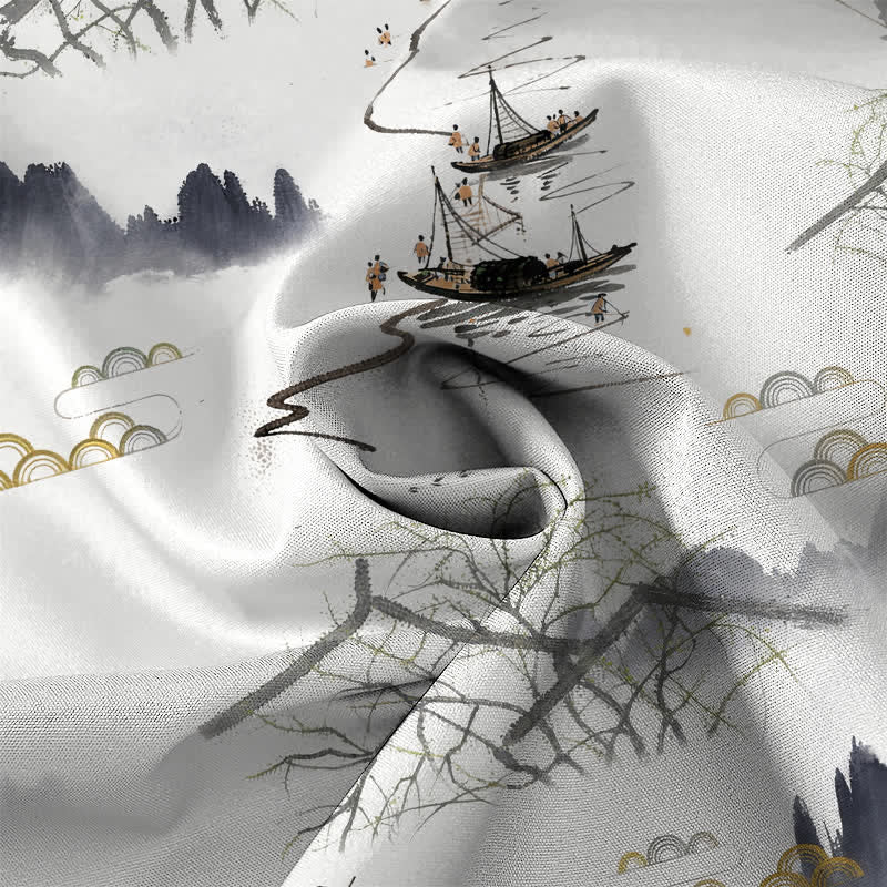 Buddha Stones 墨絵風景山舟柄ボタン付き通気性メンズ半袖シャツ - image 4