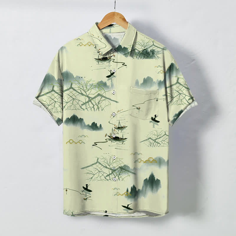 Buddha Stones 墨絵風景山舟柄ボタン付き通気性メンズ半袖シャツ - ベージュ - US/UK/AU48、 EU58 (4XL) - image 5