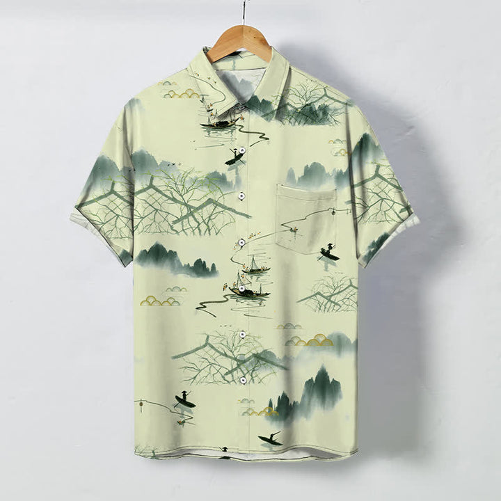 Buddha Stones 墨絵風景山舟柄ボタン付き通気性メンズ半袖シャツ - ベージュ - US/UK/AU48、 EU58 (4XL) - image 5