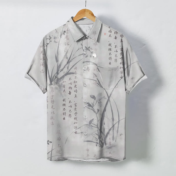 Buddha Stones 墨竹書道模様ボタン付き通気性メンズ半袖シャツ - ライトグレー - US/UK/AU48、 EU58 (4XL) - image 5