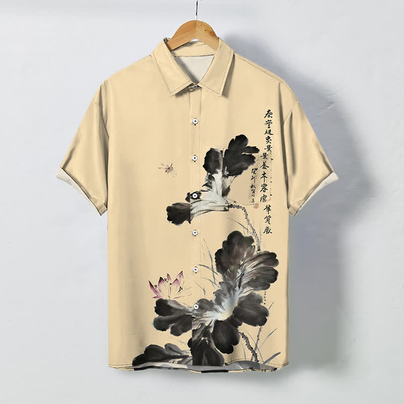 Buddha Stones インク花柄カリグラフィー柄ボタン付き通気性メンズ半袖シャツ - 小麦 - US/UK/AU48、 EU58 (4XL) - image 5