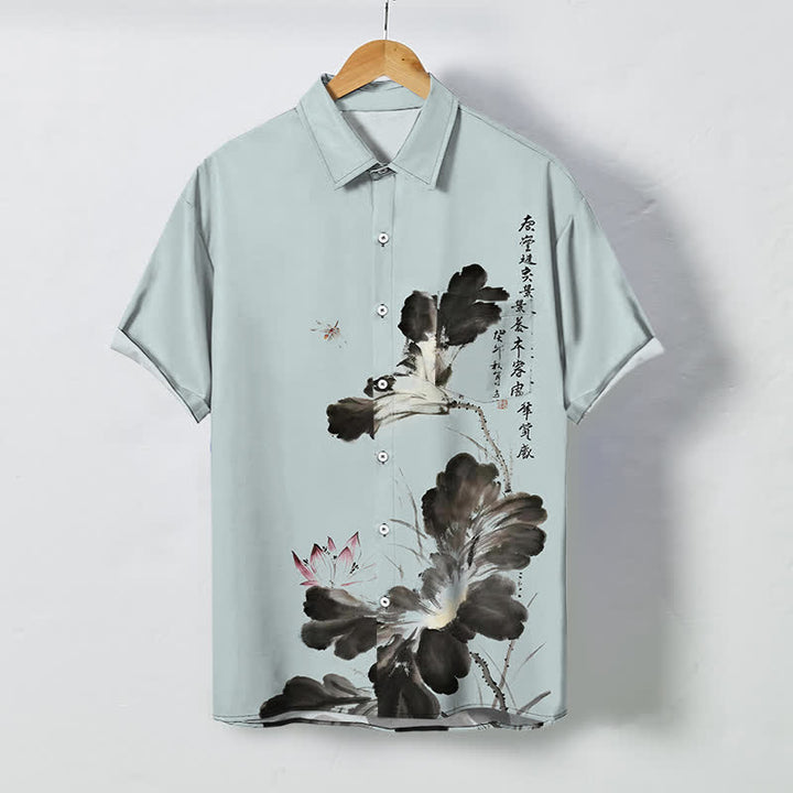 Buddha Stones インク花柄カリグラフィー柄ボタン付き通気性メンズ半袖シャツ - 水色 - US/UK/AU48、 EU58 (4XL) - image 7