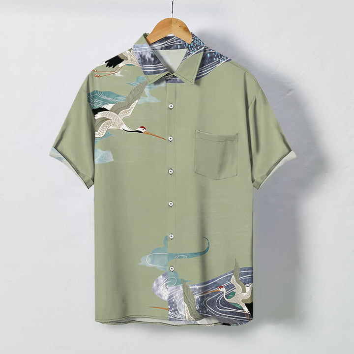 Buddha Stones 鶴の波雲模様ボタン付き通気性メンズ半袖シャツ - ダークカーキ - US/UK/AU48、 EU58 (4XL) - image 5