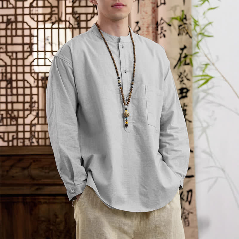 Buddha Stones Spring Tang スタイル ミニマリスト マンダリンカラー 無地 リネンコットン メンズ 長袖シャツ パッチポケット付き - image 15