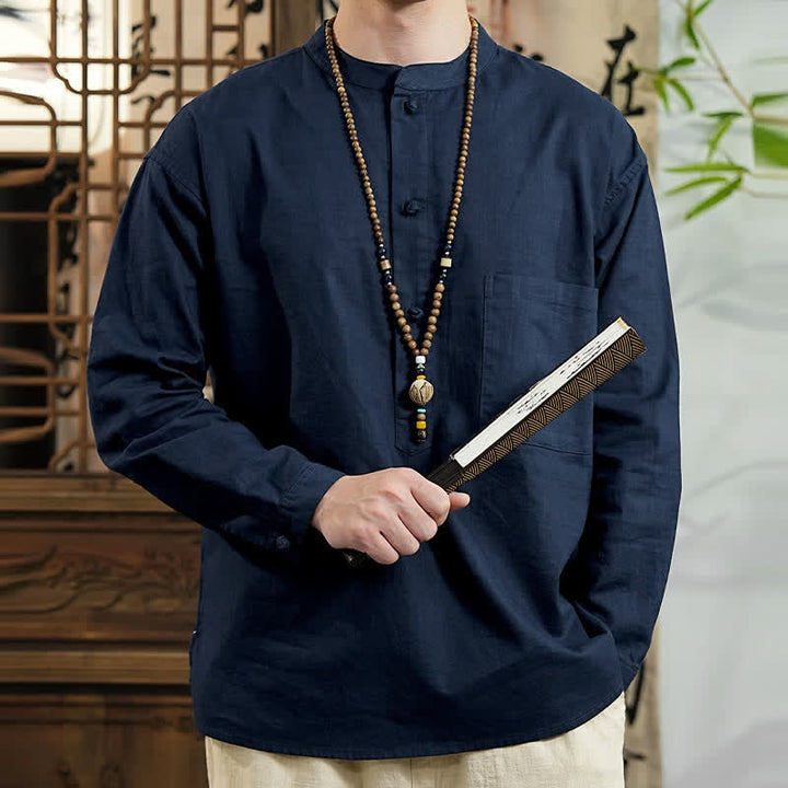 Buddha Stones Spring Tang スタイル ミニマリスト マンダリンカラー 無地 リネンコットン メンズ 長袖シャツ パッチポケット付き - image 3
