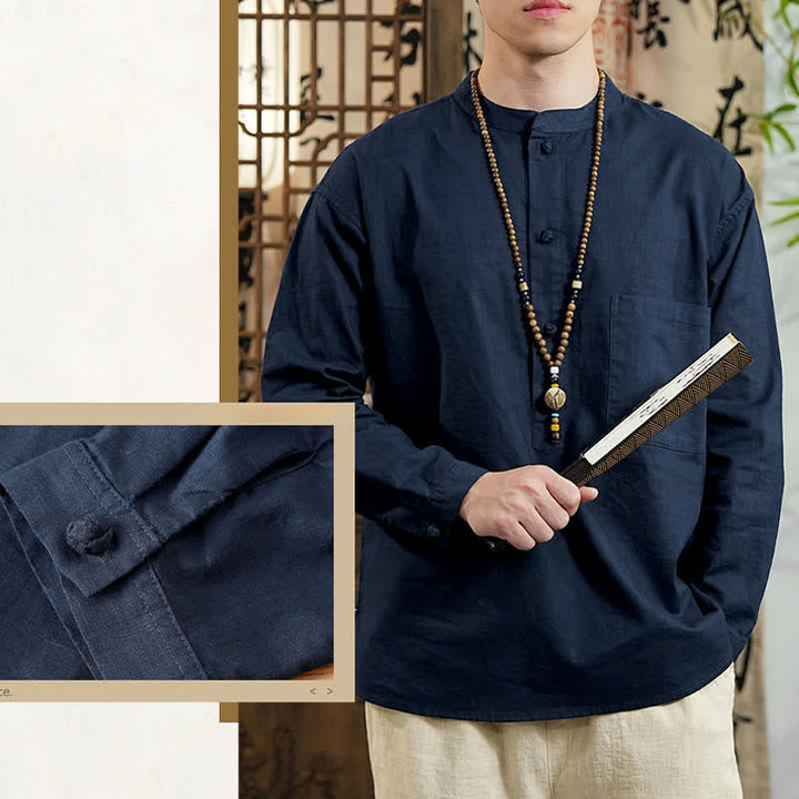 Buddha Stones Spring Tang スタイル ミニマリスト マンダリンカラー 無地 リネンコットン メンズ 長袖シャツ パッチポケット付き - image 4