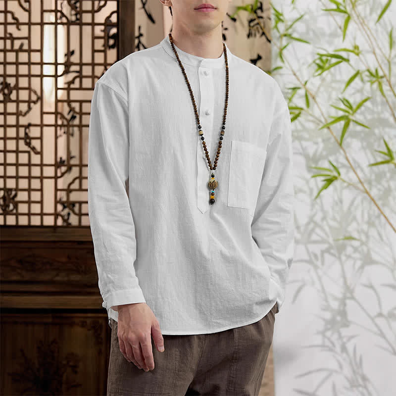 Buddha Stones Spring Tang スタイル ミニマリスト マンダリンカラー 無地 リネンコットン メンズ 長袖シャツ パッチポケット付き - image 18