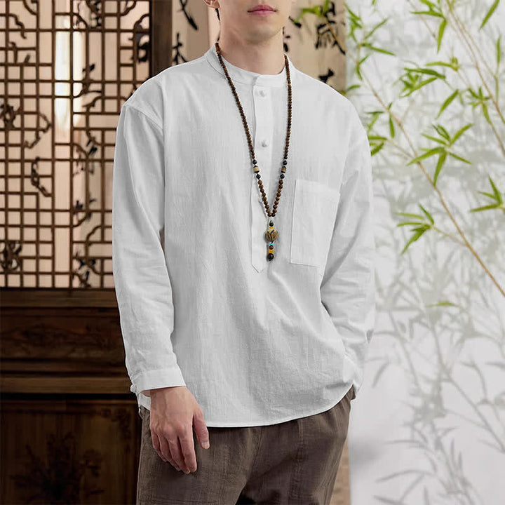 Buddha Stones Spring Tang スタイル ミニマリスト マンダリンカラー 無地 リネンコットン メンズ 長袖シャツ パッチポケット付き - image 18