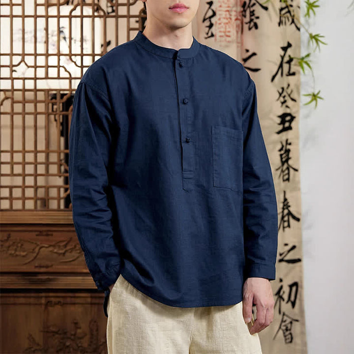 Buddha Stones Spring Tang スタイル ミニマリスト マンダリンカラー 無地 リネンコットン メンズ 長袖シャツ パッチポケット付き - 海軍 - US/UK/AU46、 EU56 (5XL) - image 0