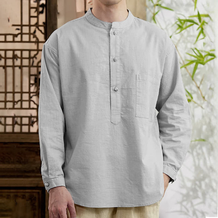 Buddha Stones Spring Tang スタイル ミニマリスト マンダリンカラー 無地 リネンコットン メンズ 長袖シャツ パッチポケット付き - ライトグレー - US/UK/AU46、 EU56 (5XL) - image 14