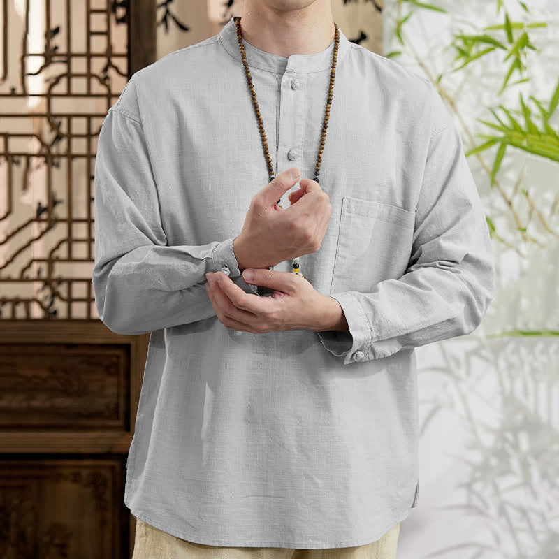 Buddha Stones Spring Tang スタイル ミニマリスト マンダリンカラー 無地 リネンコットン メンズ 長袖シャツ パッチポケット付き - image 16
