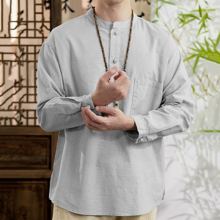 Buddha Stones Spring Tang スタイル ミニマリスト マンダリンカラー 無地 リネンコットン メンズ 長袖シャツ パッチポケット付き - image 16