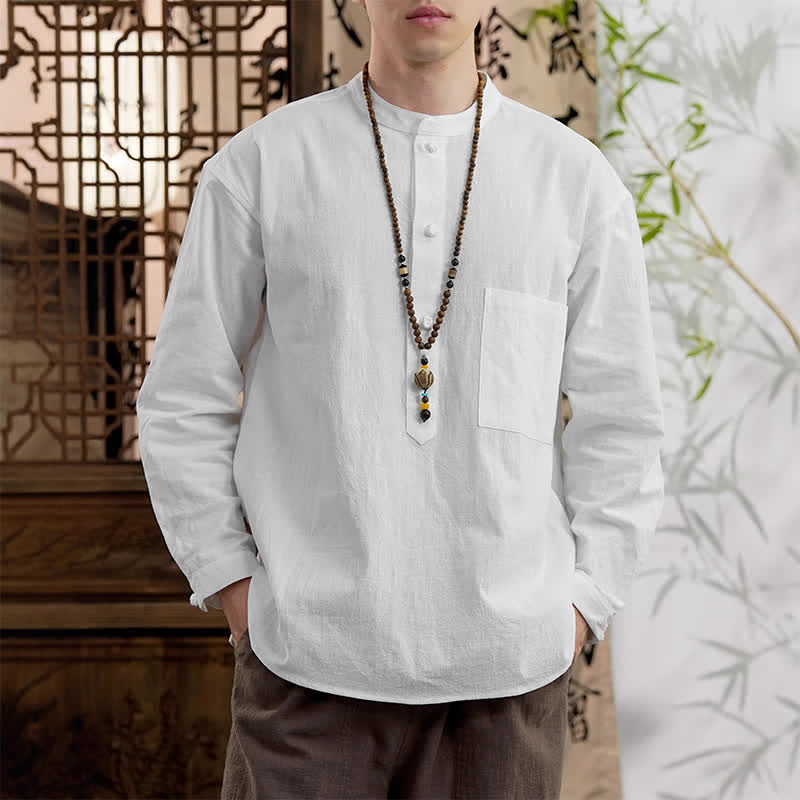 Buddha Stones Spring Tang スタイル ミニマリスト マンダリンカラー 無地 リネンコットン メンズ 長袖シャツ パッチポケット付き - 白 - US/UK/AU46、 EU56 (5XL) - image 17
