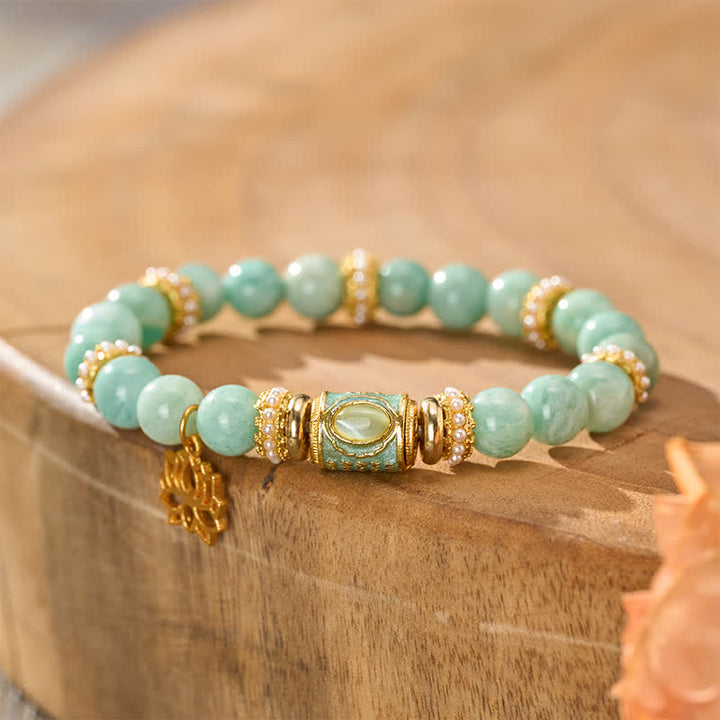 Buddha Stonesアマゾナイトエナメルバレルビーズロータスペンダントラブハンドポリッシュラウンドビーズブレスレット - image 3