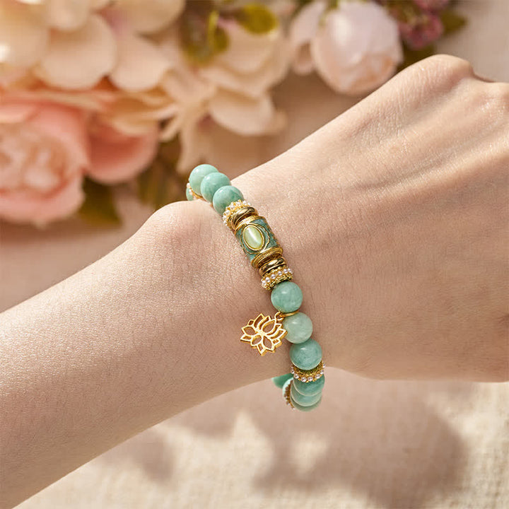 Buddha Stonesアマゾナイトエナメルバレルビーズロータスペンダントラブハンドポリッシュラウンドビーズブレスレット - image 4