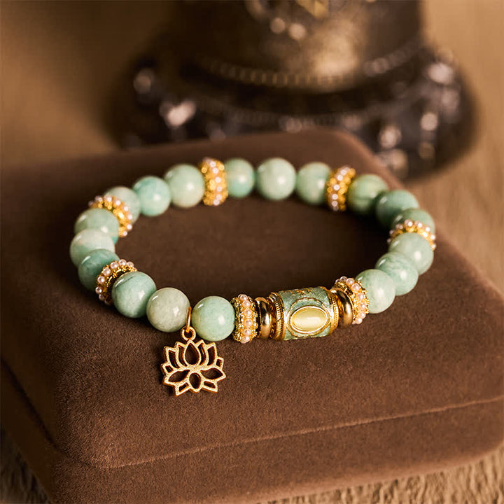 Buddha Stonesアマゾナイトエナメルバレルビーズロータスペンダントラブハンドポリッシュラウンドビーズブレスレット - image 2