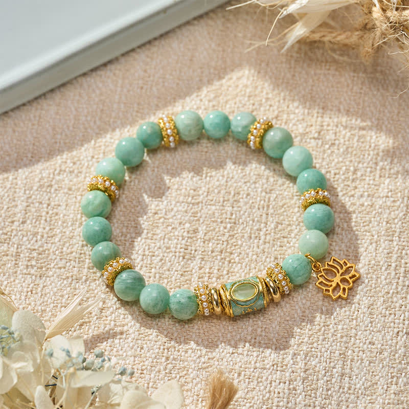 Buddha Stonesアマゾナイトエナメルバレルビーズロータスペンダントラブハンドポリッシュラウンドビーズブレスレット - アマゾナイト（手首周り：15～16cm） - image 0