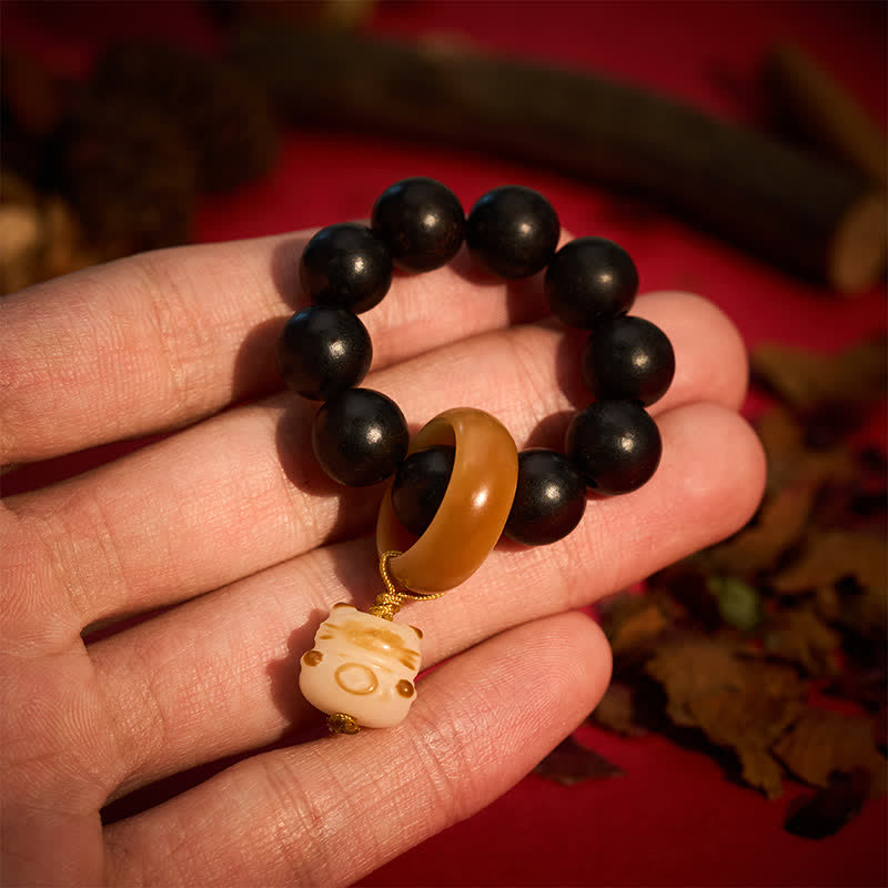 Buddha Stones 黒檀の炭火焼き猫と熊のバランス感覚を養う触覚瞑想ビーズ装飾品 - 猫 - 黒檀（バランス♥穏やかさ） - image 0