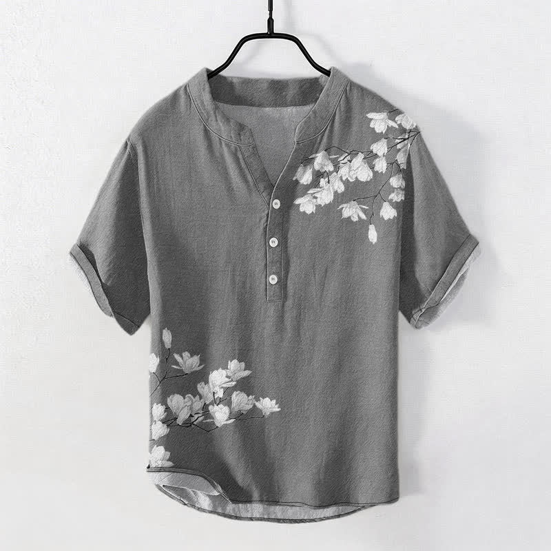 Buddha Stones 綿素材、白、花柄、枝模様、メンズ半袖ハーフボタンシャツ - グレー - US/UK/AU50、EU60（5XL） - image 0