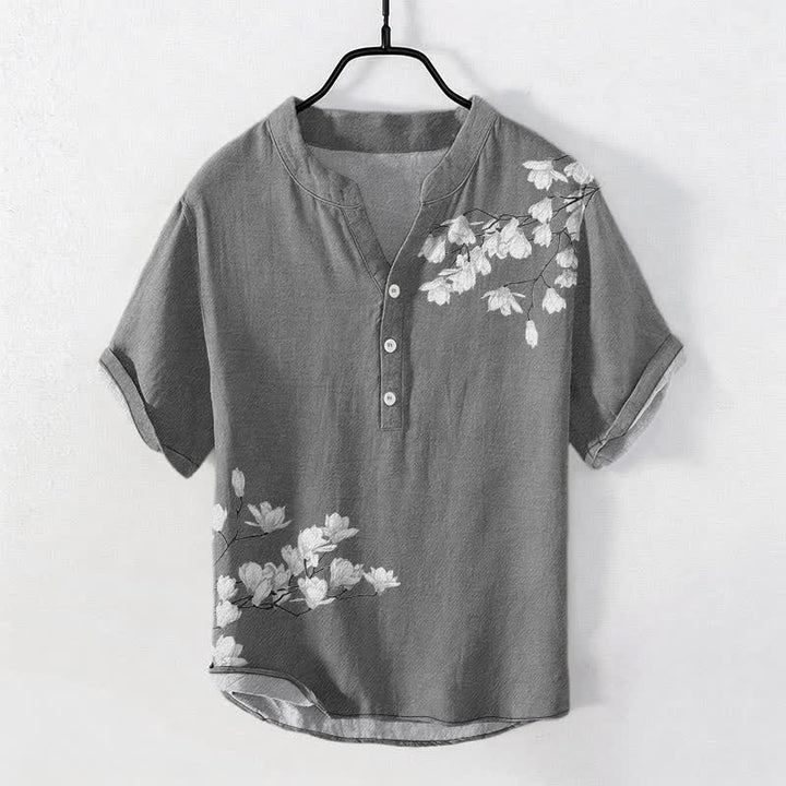 Buddha Stones 綿素材、白、花柄、枝模様、メンズ半袖ハーフボタンシャツ - グレー - US/UK/AU50、EU60（5XL） - image 0