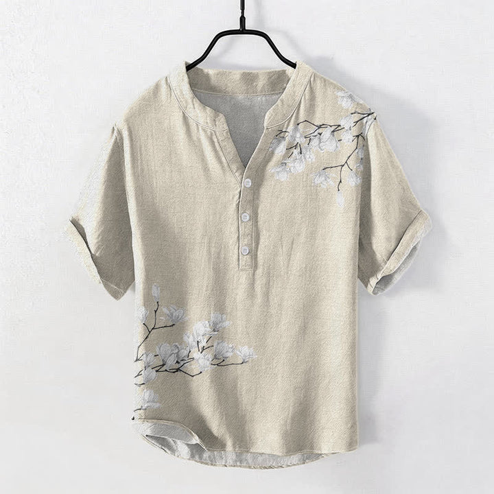 Buddha Stones 綿素材、白、花柄、枝模様、メンズ半袖ハーフボタンシャツ - ベージュ - US/UK/AU50、EU60（5XL） - image 5