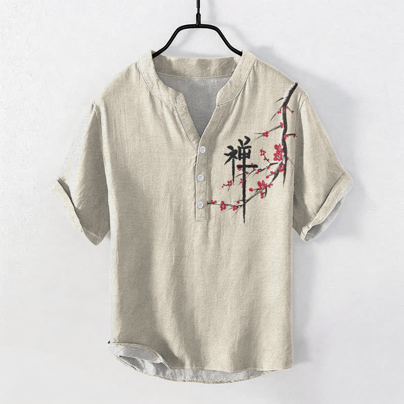 Buddha Stones 綿素材の桜の書道禅柄メンズ半袖ハーフボタンシャツ - ベージュ - US/UK/AU50、EU60（5XL） - image 0