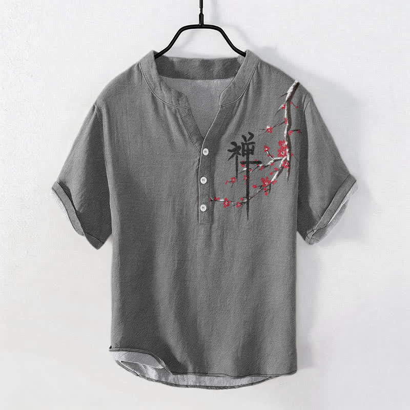 Buddha Stones 綿素材の桜の書道禅柄メンズ半袖ハーフボタンシャツ - グレー - US/UK/AU50、EU60（5XL） - image 5