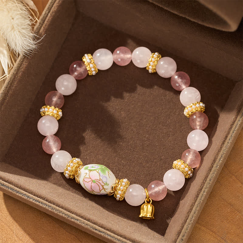 Buddha Stones 天然ストロベリークォーツ、ローズクォーツ、セラミックバレルビーズ、ロータスペンダント、透明度の高いラウンドビーズブレスレット - image 1