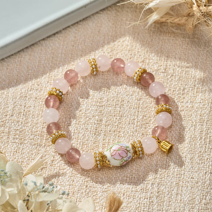 Buddha Stones 天然ストロベリークォーツ、ローズクォーツ、セラミックバレルビーズ、ロータスペンダント、透明度の高いラウンドビーズブレスレット - image 3