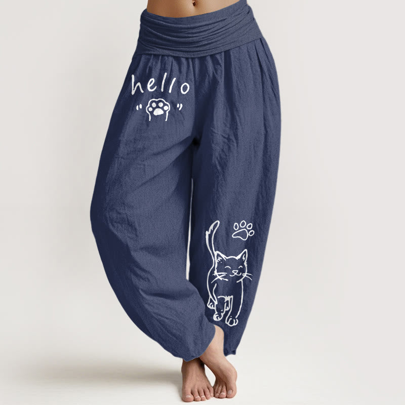 Buddha Stones ピュアコットン製、ハローキャットパウ柄のレディースゴムウエストハーレムパンツ - ダークスレートブルー - US16、 UK/AU20、 EU48 (3XL) - image 5