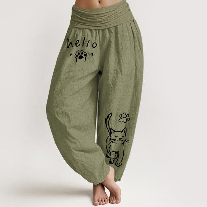 Buddha Stones ピュアコットン製、ハローキャットパウ柄のレディースゴムウエストハーレムパンツ - オリーブドラブ - US16、 UK/AU20、 EU48 (3XL) - image 14