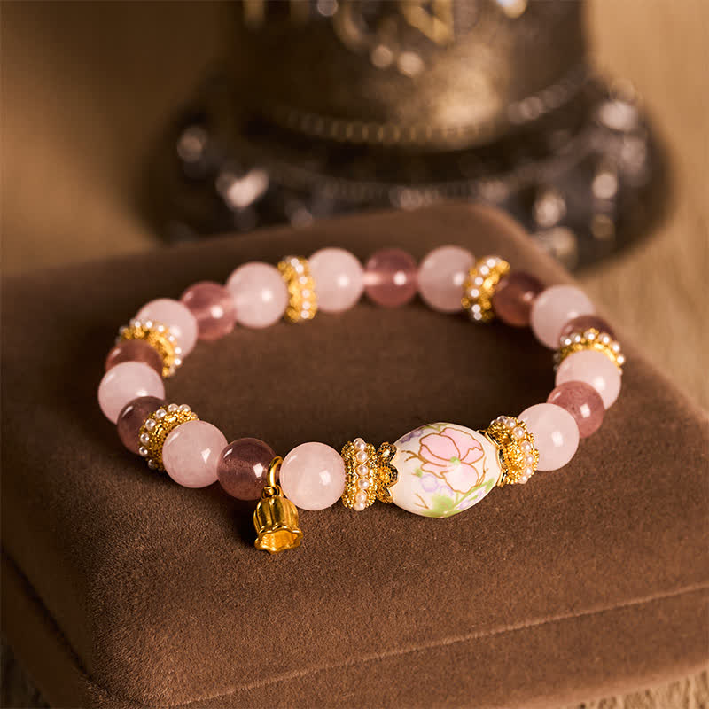 Buddha Stones 天然ストロベリークォーツ、ローズクォーツ、セラミックバレルビーズ、ロータスペンダント、透明度の高いラウンドビーズブレスレット - image 4