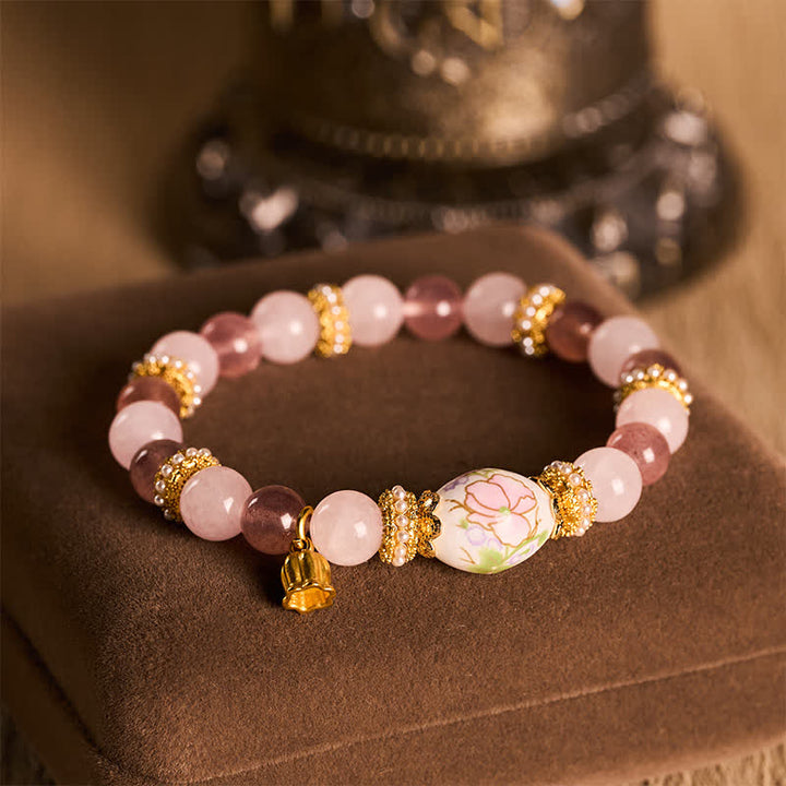 Buddha Stones 天然ストロベリークォーツ、ローズクォーツ、セラミックバレルビーズ、ロータスペンダント、透明度の高いラウンドビーズブレスレット - image 4
