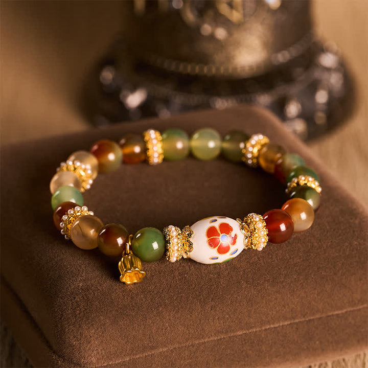 Buddha Stones 天然孔雀瑪瑙セラミックバレルビーズ蓮ペンダント自信ラウンドビーズブレスレット - image 1