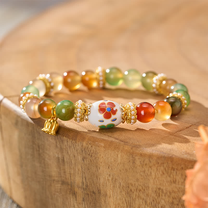 Buddha Stones 天然孔雀瑪瑙セラミックバレルビーズ蓮ペンダント自信ラウンドビーズブレスレット - 孔雀瑪瑙（手首周り：15～16cm） - image 0