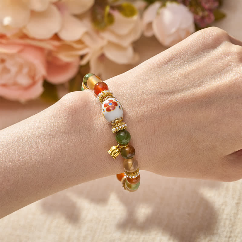 Buddha Stones 天然孔雀瑪瑙セラミックバレルビーズ蓮ペンダント自信ラウンドビーズブレスレット - image 4
