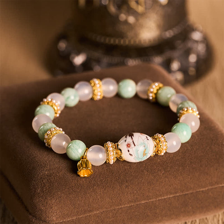 Buddha Stones ホワイトアゲート アマゾナイト セラミック バレルビーズ フラワーペンダント ピュリティ ラウンドビーズブレスレット - image 2