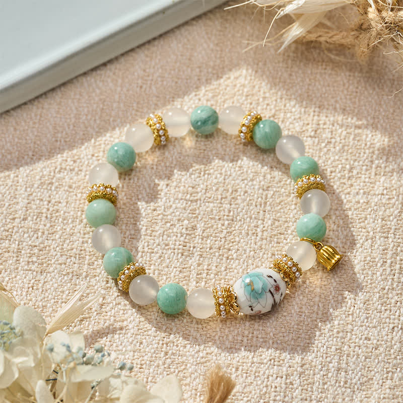 Buddha Stones ホワイトアゲート アマゾナイト セラミック バレルビーズ フラワーペンダント ピュリティ ラウンドビーズブレスレット - ホワイトアゲートアマゾナイト（手首周り：15～16cm） - image 0