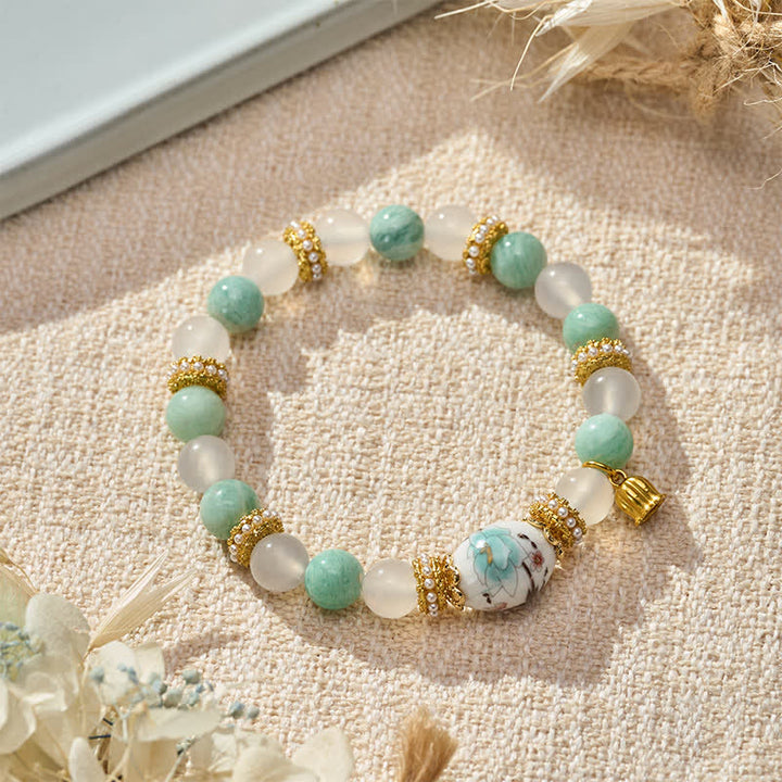 Buddha Stones ホワイトアゲート アマゾナイト セラミック バレルビーズ フラワーペンダント ピュリティ ラウンドビーズブレスレット - ホワイトアゲートアマゾナイト（手首周り：15～16cm） - image 0
