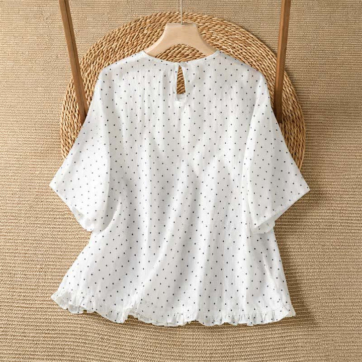 Buddha Stones 夏物カジュアル ドット柄 フリル裾 レディース 半袖Tシャツ - image 12